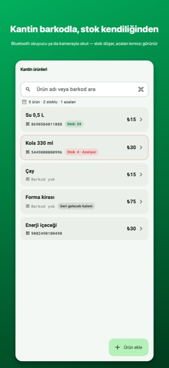 ArenaPro kantin ekranı: barkod, stok rozeti, kamera ile okutma