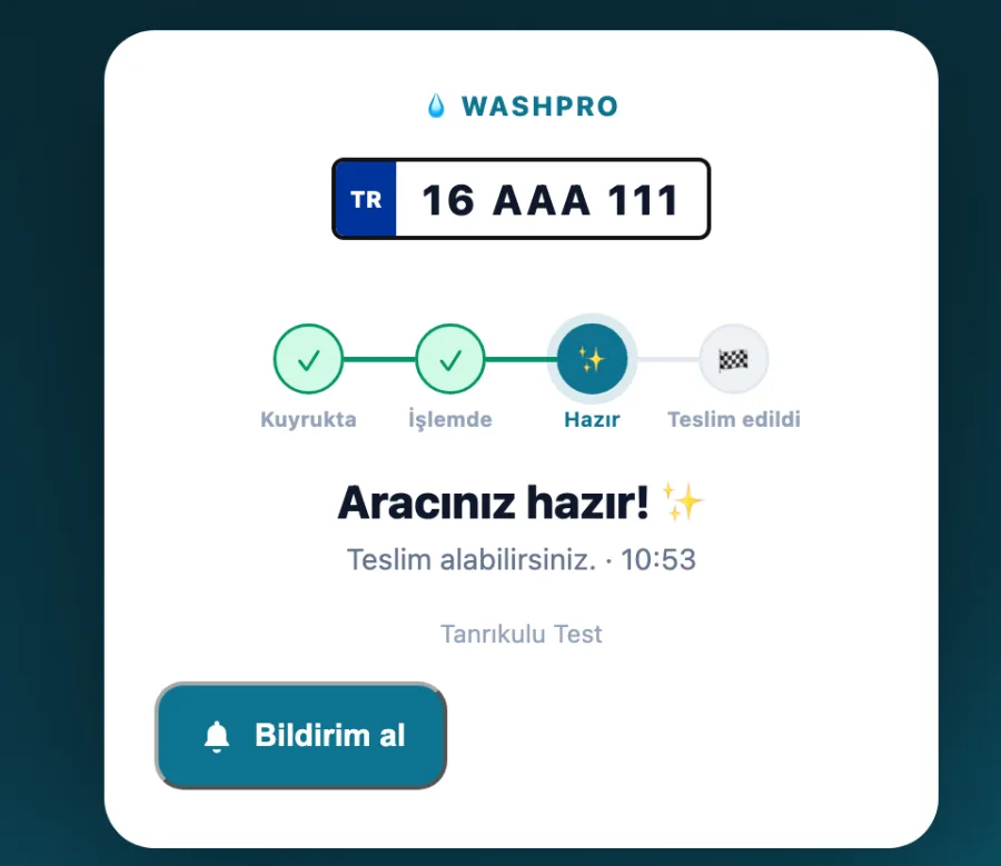 WashPro takip sayfası Android'de: Bildirim al düğmesi